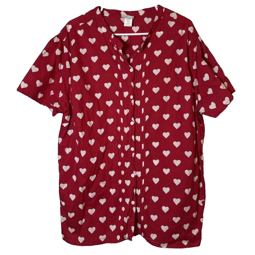 BocaBay Womens 3X Red White Heart Print Cotton Pintuck Button Blouse Plus